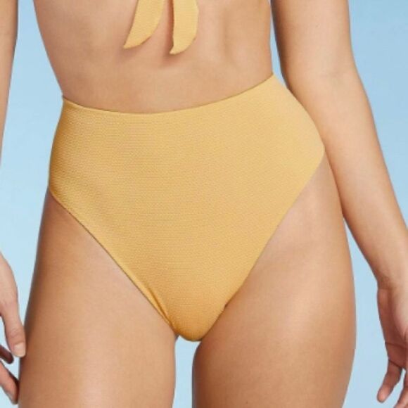 Shade & Shore Lurex Cinched Tie Back High Waist Coverage Bikini Bottom XL Yellow - Picture 1 of 7